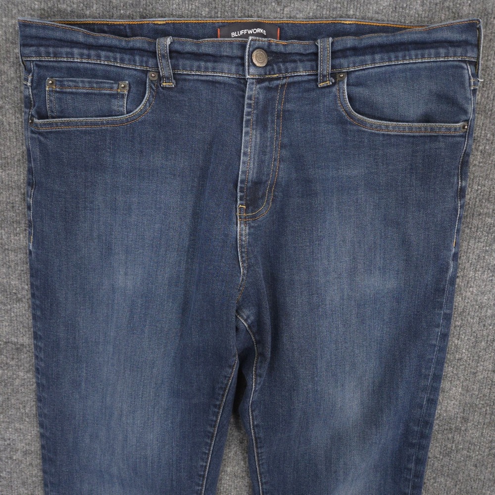 Bluffworks Departure Jeans Mens 36X28 Blue COOLMAX Performance Medium Wash Denim - Picture 3 of 13